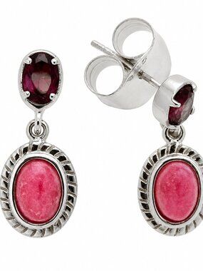 Rhodonite & Garnet Sterling Silver Drop Earrings | Pink Gemstone Dangle